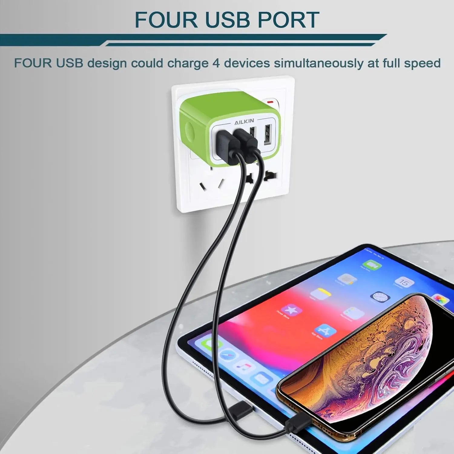 Wall Charger, USB Charger Adapter,  4.8A 4Multi Port Fast Charging Station Power Base Block Plug Cube Brick for Iphone, Ipad, Samsung Galaxy, Moto, Google Pixel, Kindle Fire Plug Cargador Carro