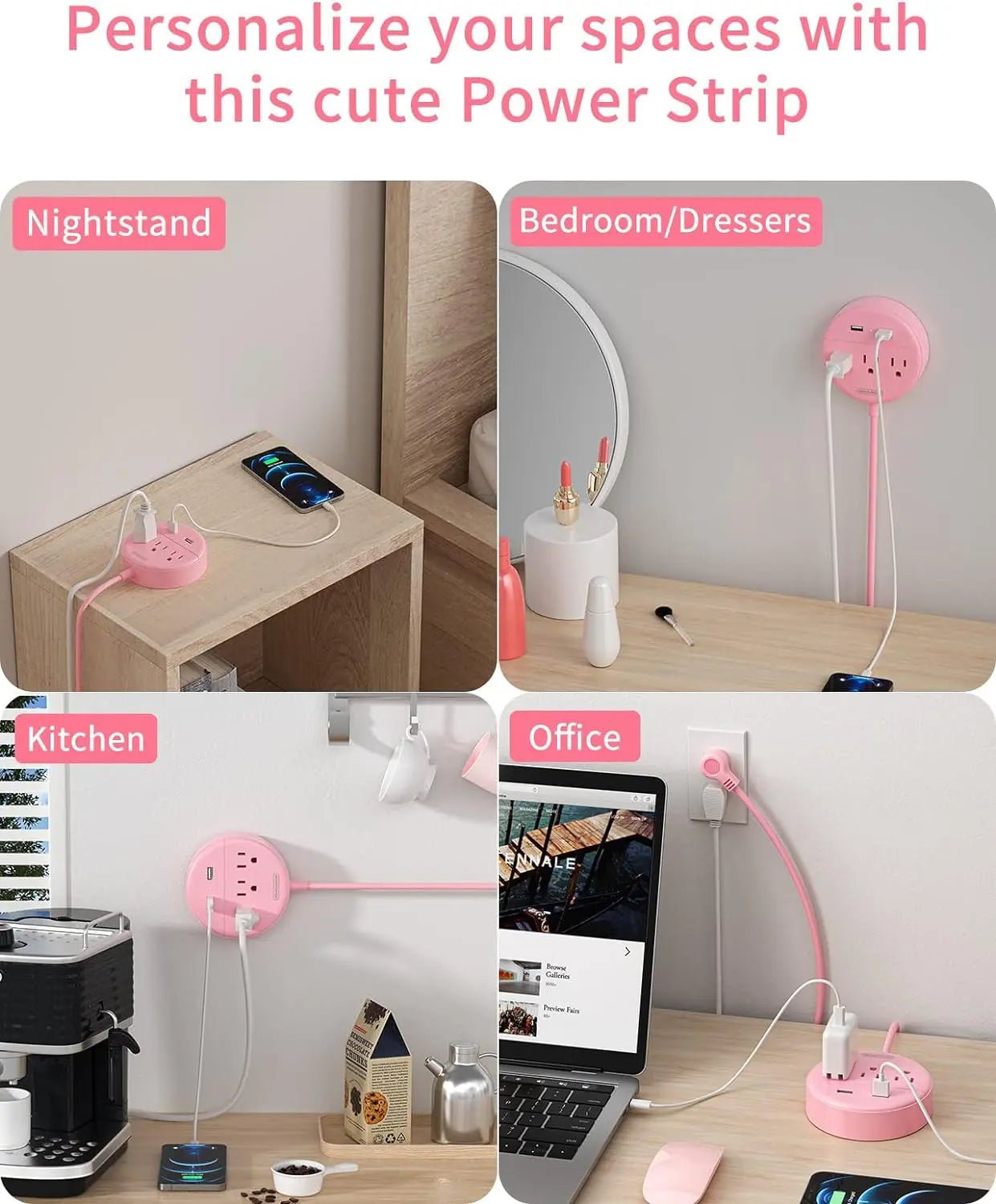 10 Ft Long Extension Cord Power Strip with USB,  Pink Charging Station with 3 Outlet and 2 USB, Travel Power Strip Flat Plug, Wall Mount for Home Office Dorm Room and Cruise Ship, ETL Listed
