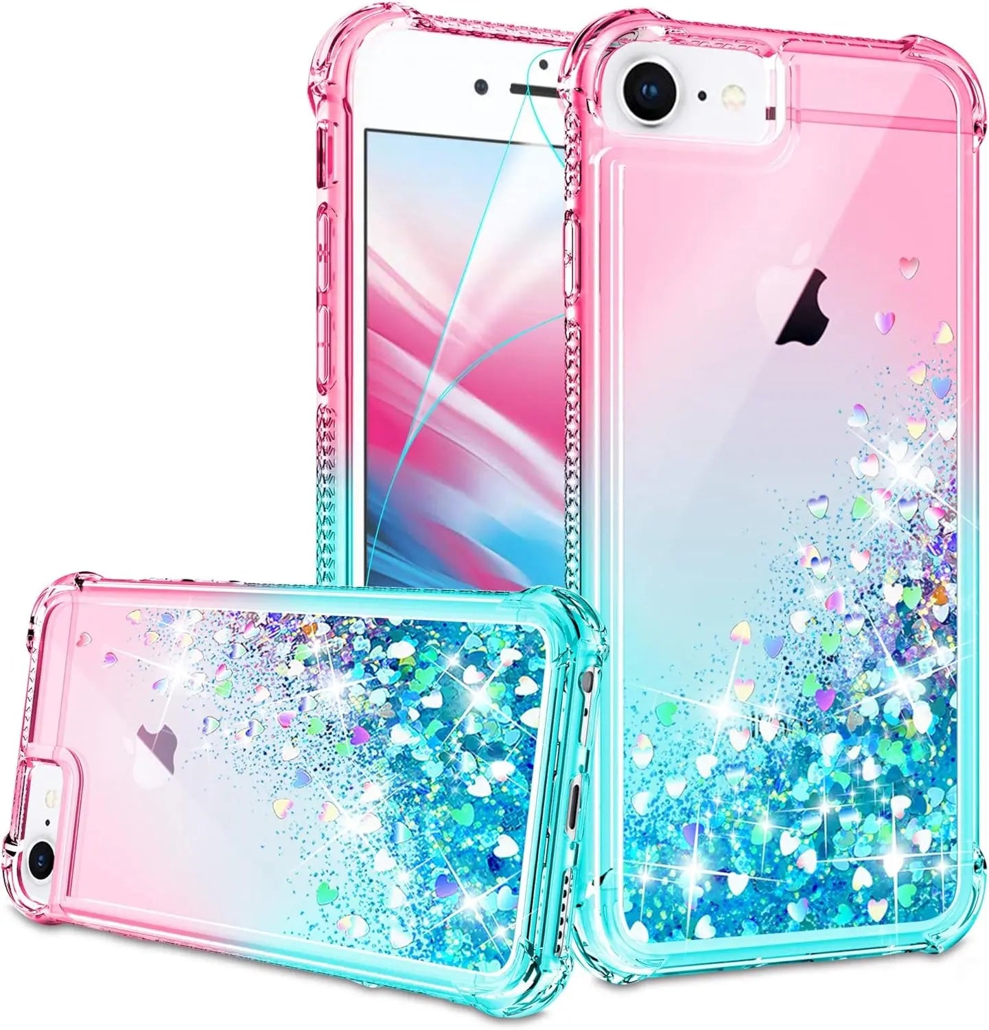 Iphone SE 2020 Case, Iphone 6/6S/7/8 Case with HD Screen Protector for Girls Women, Cute Clear Gradient Glitter Liquid TPU Slim Phone Case for Apple Iphone SE 2020/6/6S/7/8 Pink/Teal