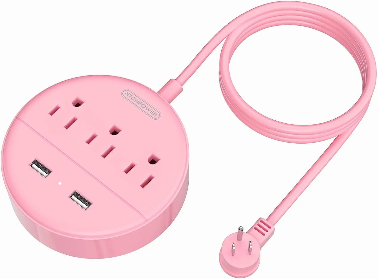 10 Ft Long Extension Cord Power Strip with USB,  Pink Charging Station with 3 Outlet and 2 USB, Travel Power Strip Flat Plug, Wall Mount for Home Office Dorm Room and Cruise Ship, ETL Listed