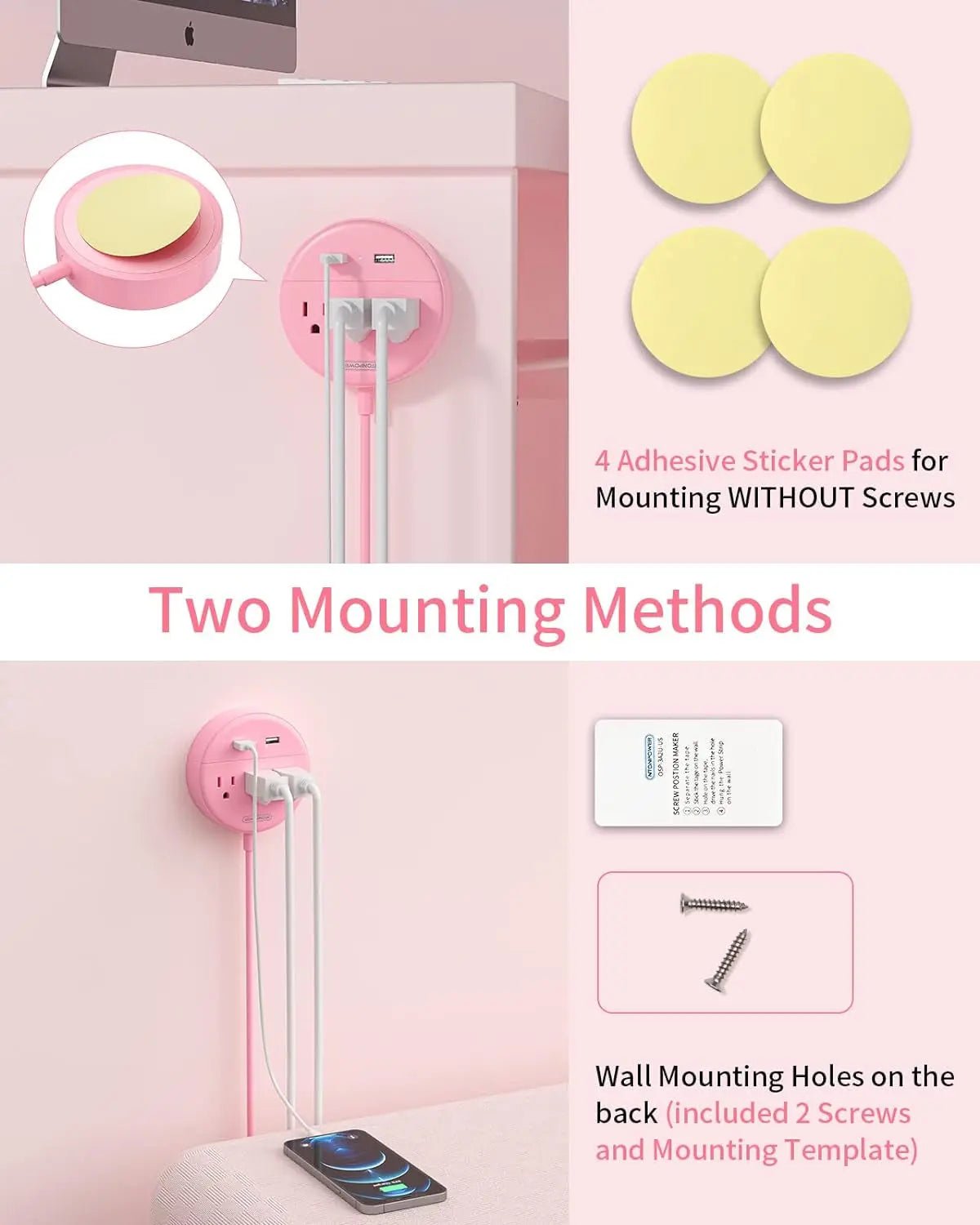 10 Ft Long Extension Cord Power Strip with USB,  Pink Charging Station with 3 Outlet and 2 USB, Travel Power Strip Flat Plug, Wall Mount for Home Office Dorm Room and Cruise Ship, ETL Listed