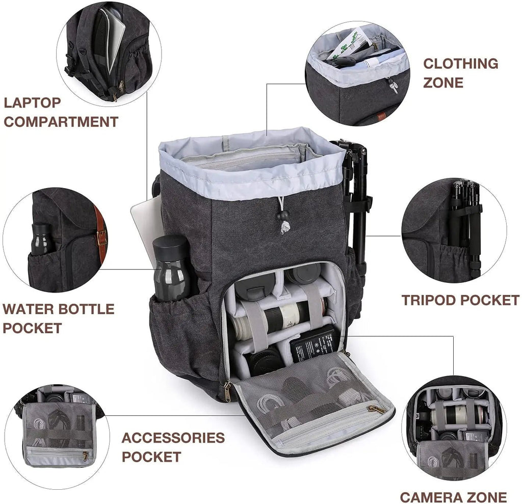 Camera Backpack, DSLR SLR Waterproof Camera Bag, Anti-Theft Photography Backpack with 15 Inch Laptop Compartment, Tripod Holder & Rain Cover, Black