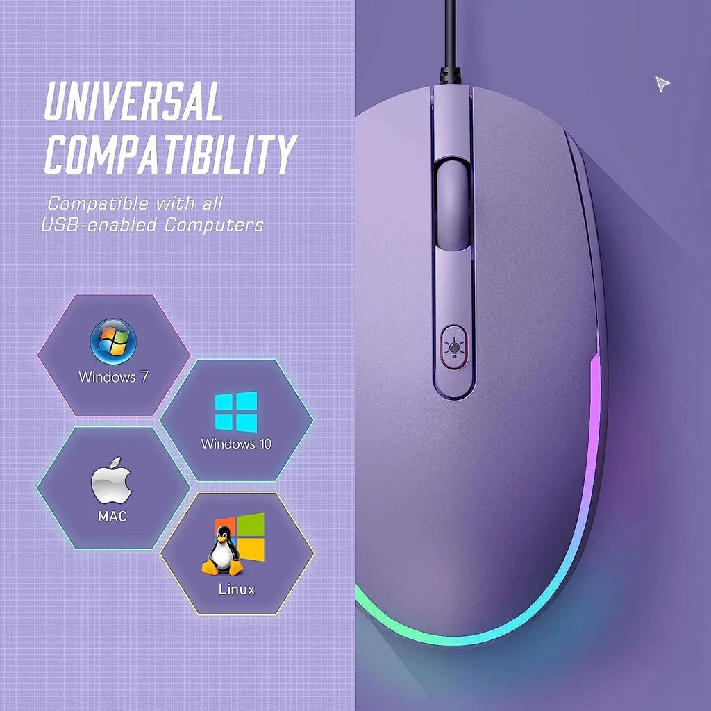 Wired Mouse - USB Computer Mice Wired with RGB Backlit Optical LED Mouse with Attached USB Cord for Laptops Notebooks Chromebook - Purple