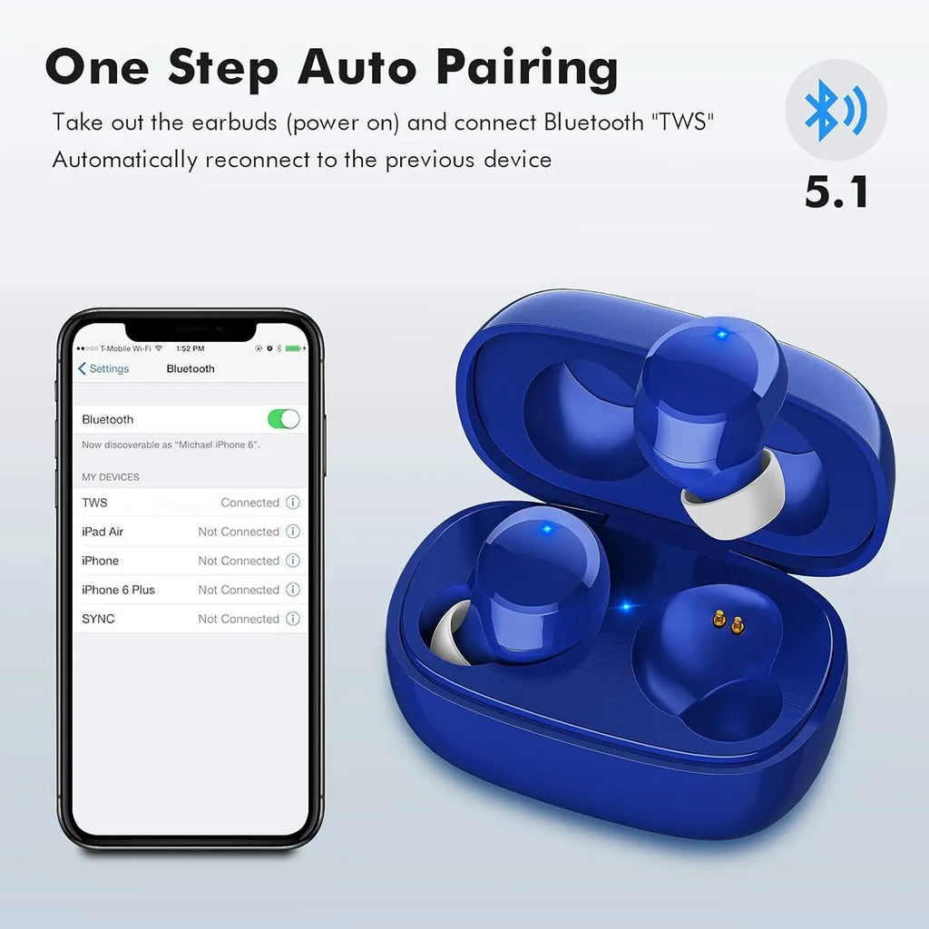 True Wireless Earbuds, Bluetooth 5.1 Small Ear Buds Comfortable Deep Bass Earphones 24Hrs Playtime Mini Charging Case IPX7 Waterproof Earbuds In-Ear Stereo Headphones Headset for Sports Workout Blue