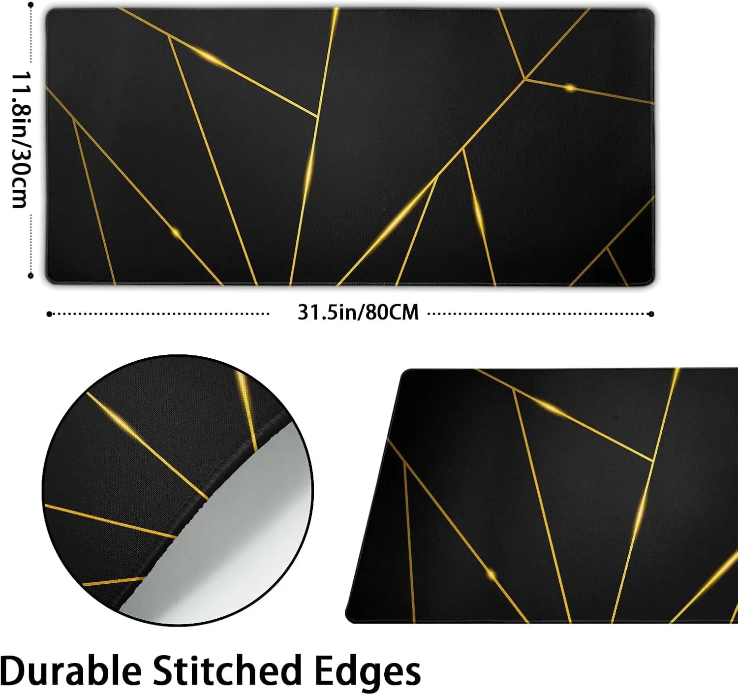 Gaming Mouse Pad 31.5×11.8 Inch XL with Stitched Edges Extended Waterproof Gold Line Black Geometric Desk Pads Non-Slip Rubber Base Large Keyboard Mat Computer Gaming Mousepad for Work/Office/Home