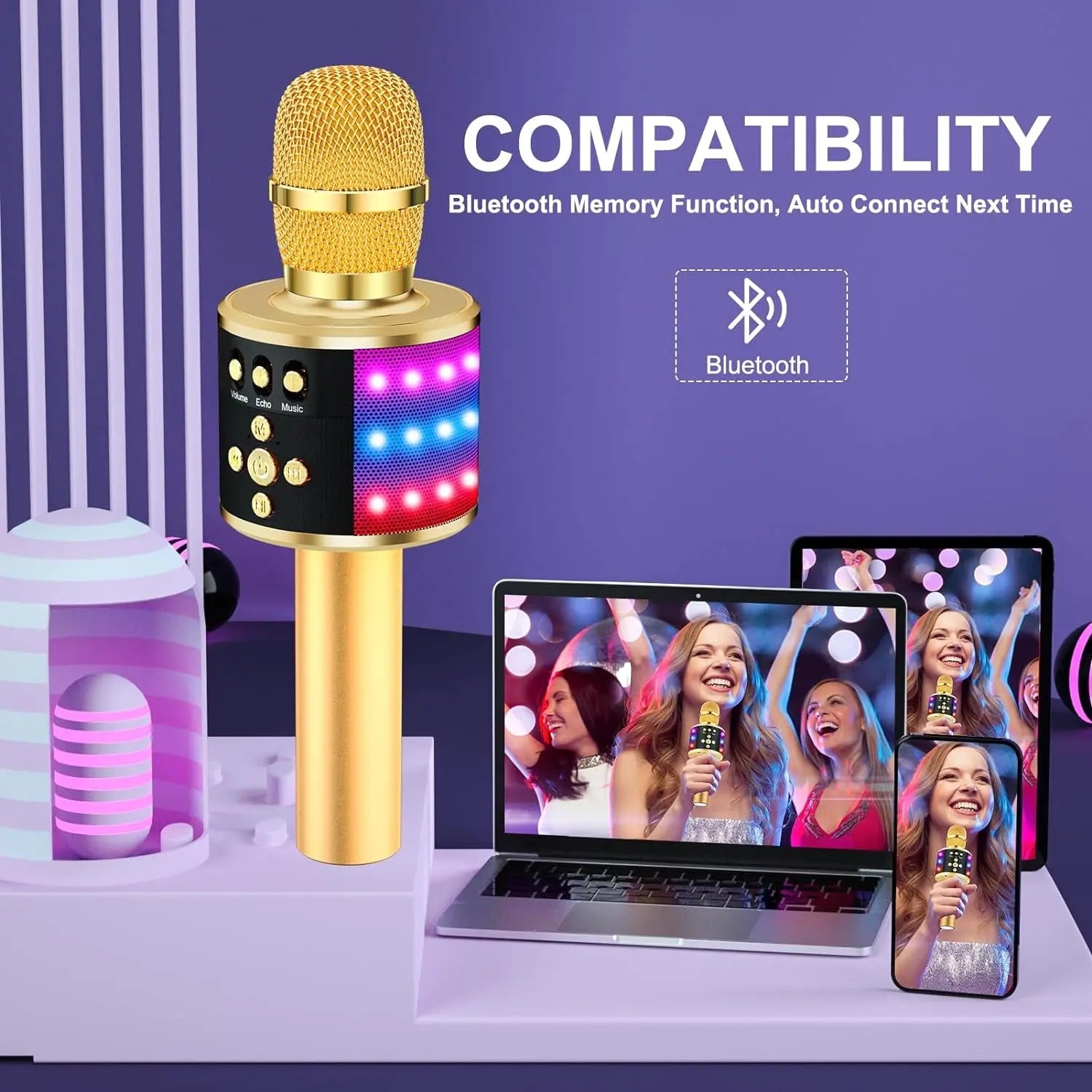 Karaoke Microphone for Kids & Adults - Bluetooth Microphones Singing Mic with Disco Lights, Echo Effect, Built-In Speaker Portable Karaoke Player for Party Travel Gifts Q78(Gold)