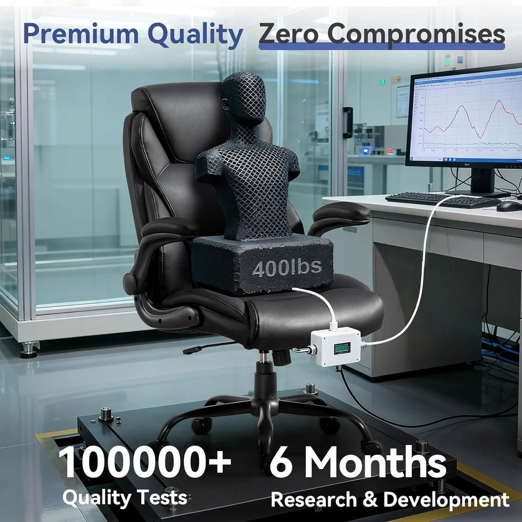 400LBS Big and Tall Office Chair, Leather Executive Desk Chair with Padded Flip-Up Arms, Heavy Duty Swivel Rolling Computer Chair for Home Office, Black