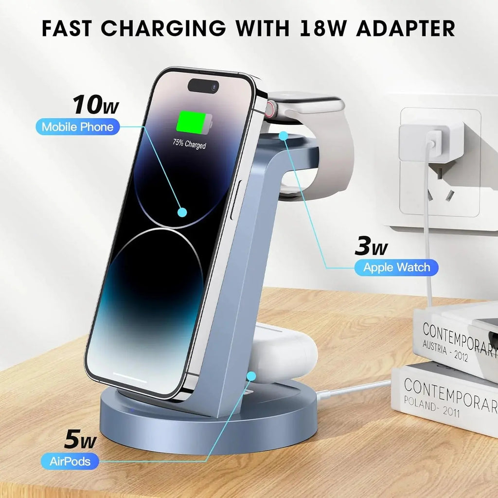 Wireless Charger - 3 in 1 Charging Station Compatible for Iphone & Iwatch - Charging Stand Dock for Airpods (Blue)