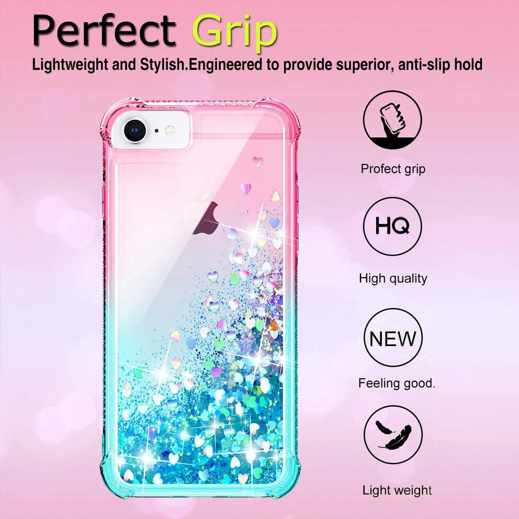 Iphone SE 2020 Case, Iphone 6/6S/7/8 Case with HD Screen Protector for Girls Women, Cute Clear Gradient Glitter Liquid TPU Slim Phone Case for Apple Iphone SE 2020/6/6S/7/8 Pink/Teal