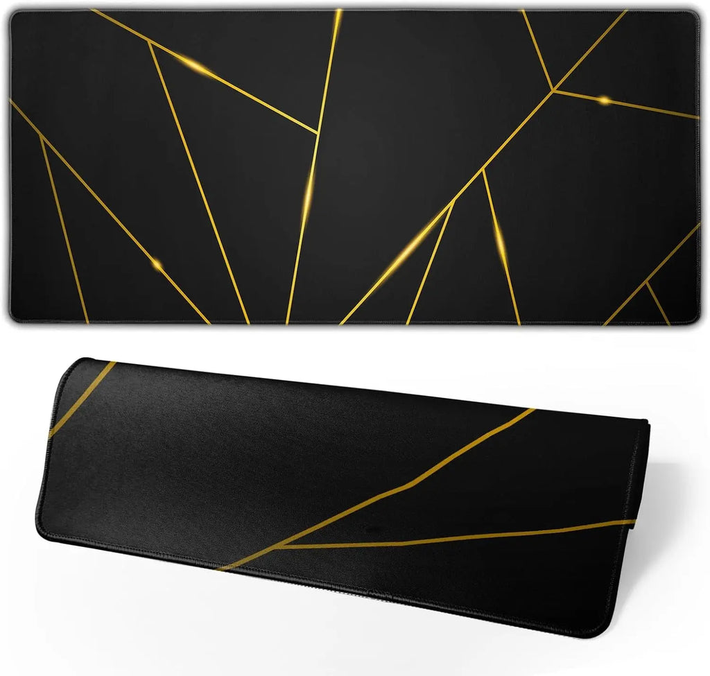Gaming Mouse Pad 31.5×11.8 Inch XL with Stitched Edges Extended Waterproof Gold Line Black Geometric Desk Pads Non-Slip Rubber Base Large Keyboard Mat Computer Gaming Mousepad for Work/Office/Home