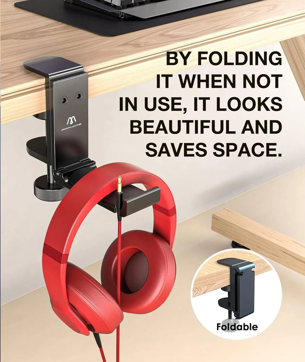 Headphone Stand Hook for Desk, Foldable under Table Headset Holder with Built-In Cable Clip Organizer, Clamp Hanger Mount for PC Gaming, Office, Backpack, Bag, Purse Hanging