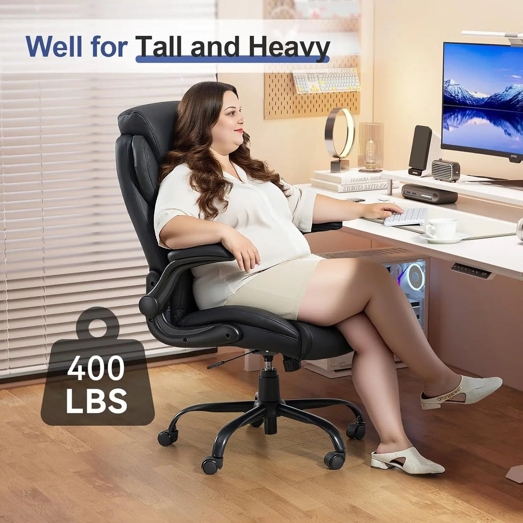 400LBS Big and Tall Office Chair, Leather Executive Desk Chair with Padded Flip-Up Arms, Heavy Duty Swivel Rolling Computer Chair for Home Office, Black