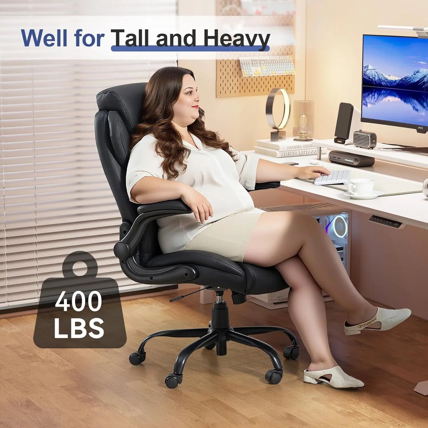 400LBS Big and Tall Office Chair, Leather Executive Desk Chair with Padded Flip-Up Arms, Heavy Duty Swivel Rolling Computer Chair for Home Office, Black