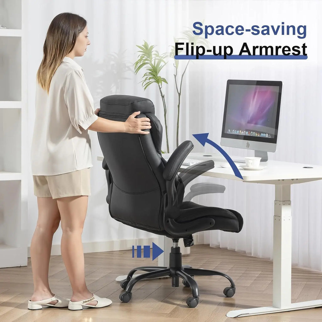 400LBS Big and Tall Office Chair, Leather Executive Desk Chair with Padded Flip-Up Arms, Heavy Duty Swivel Rolling Computer Chair for Home Office, Black